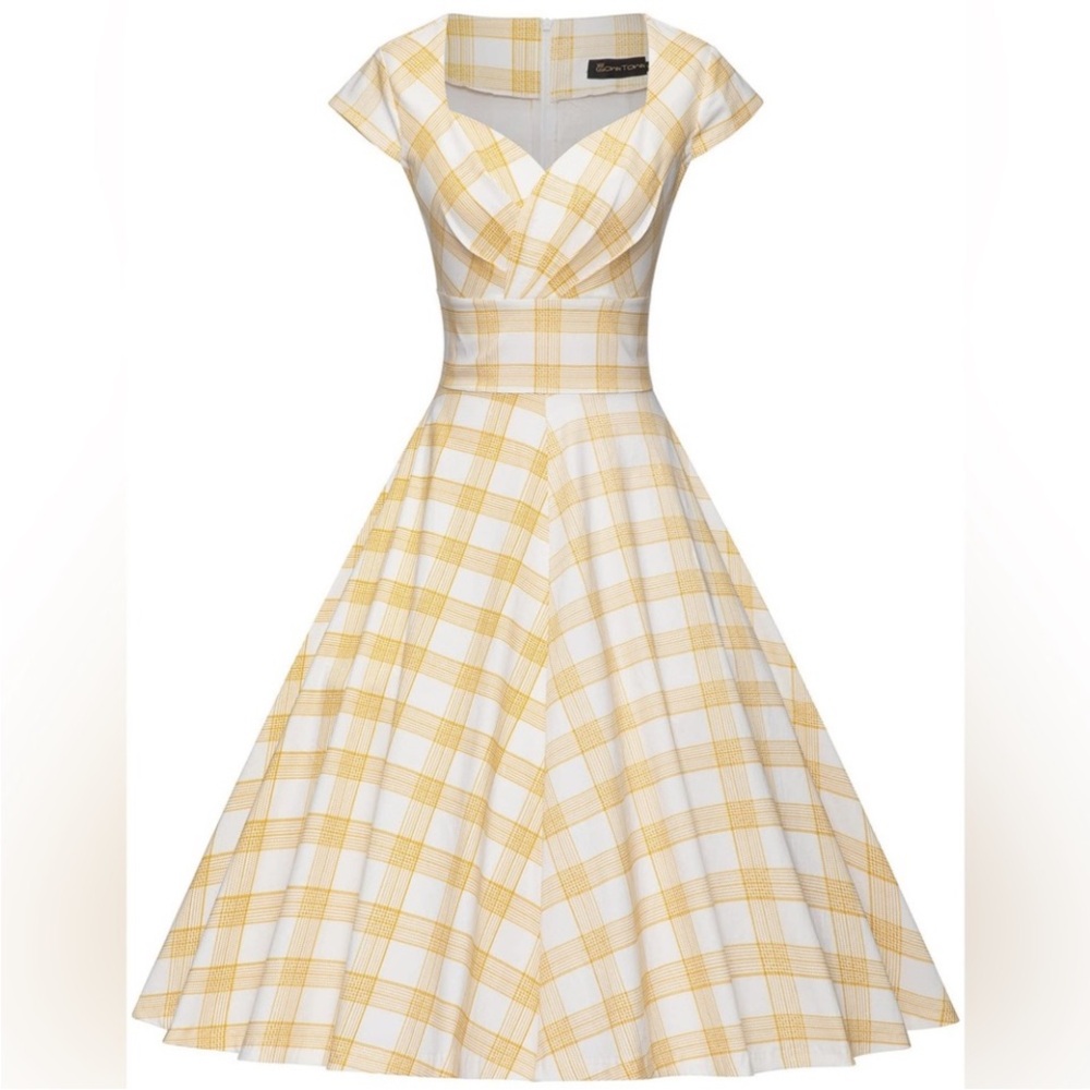 Gown Town Women’s 50’s Style Yellow Plaid Swing Party Dress w/Pockets Size Lg